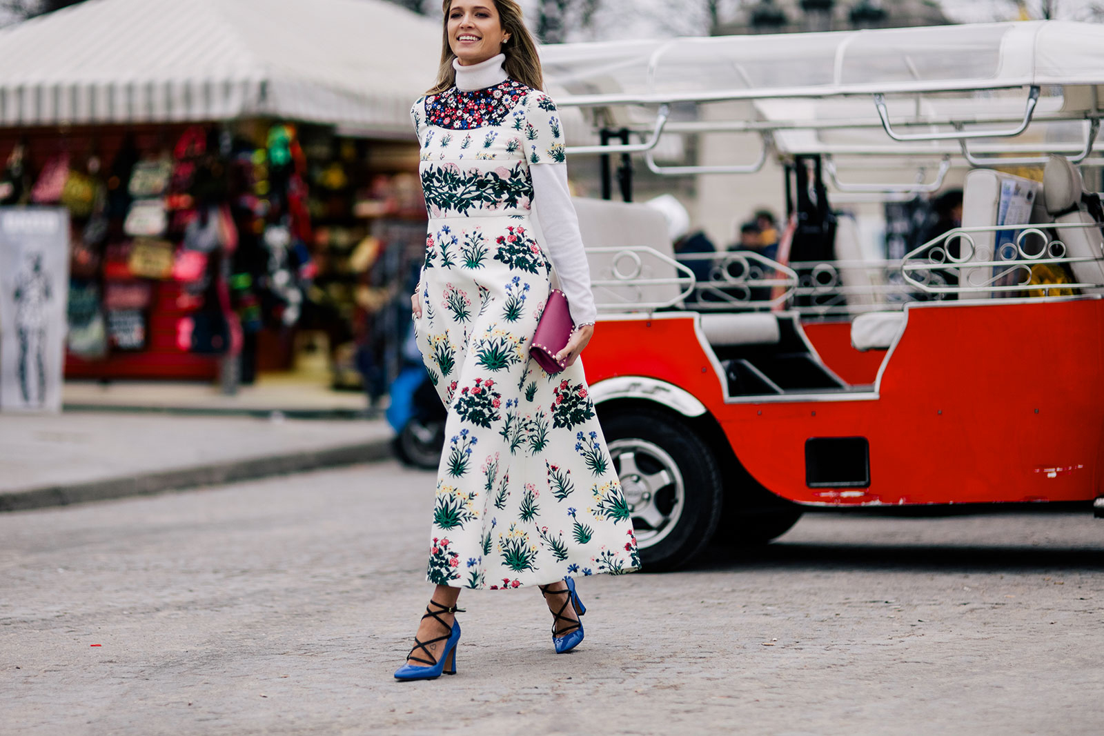 Helena Bordon wearing a long floral Valentino dress, Valentino shoes and clutch bag before the Valentino Fall/Winter 2015-2016 fashion show at the Tuileries in Paris, France