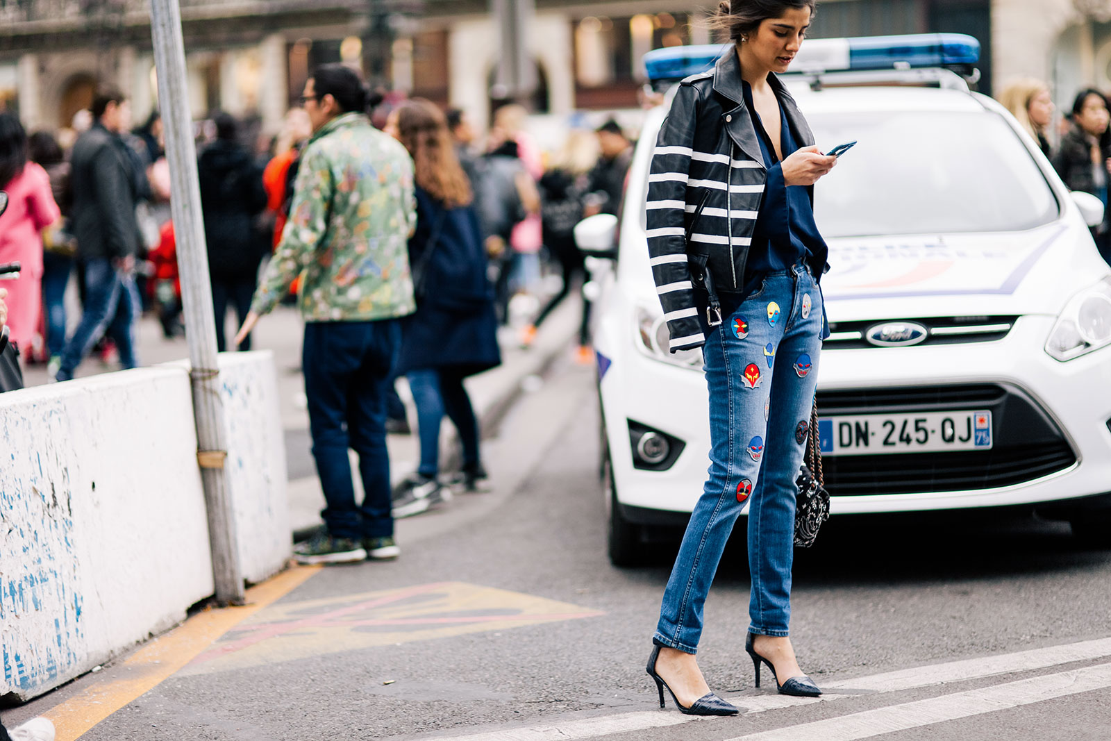 Juliana Salazar wearing Stella McCartney jeans and Each x Other leather jacket before the Stella McCartney Fall 2015 fashion show in Paris, France