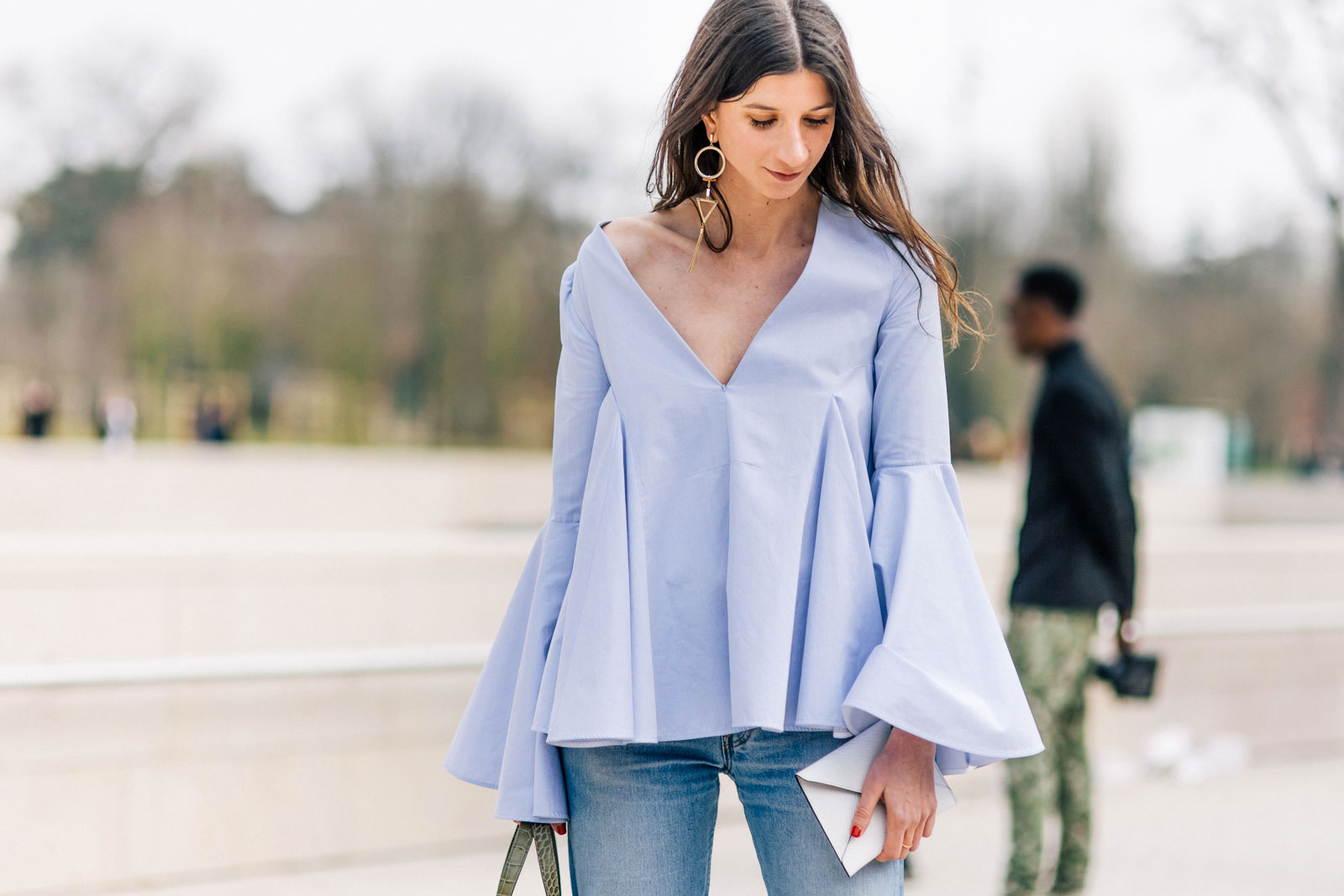 Labériane Ponton wearing an Ellery top, Levis jeans and Zara earring after the Louis Vuitton Fall/Winter 2015-2016 fashion show in Paris, France