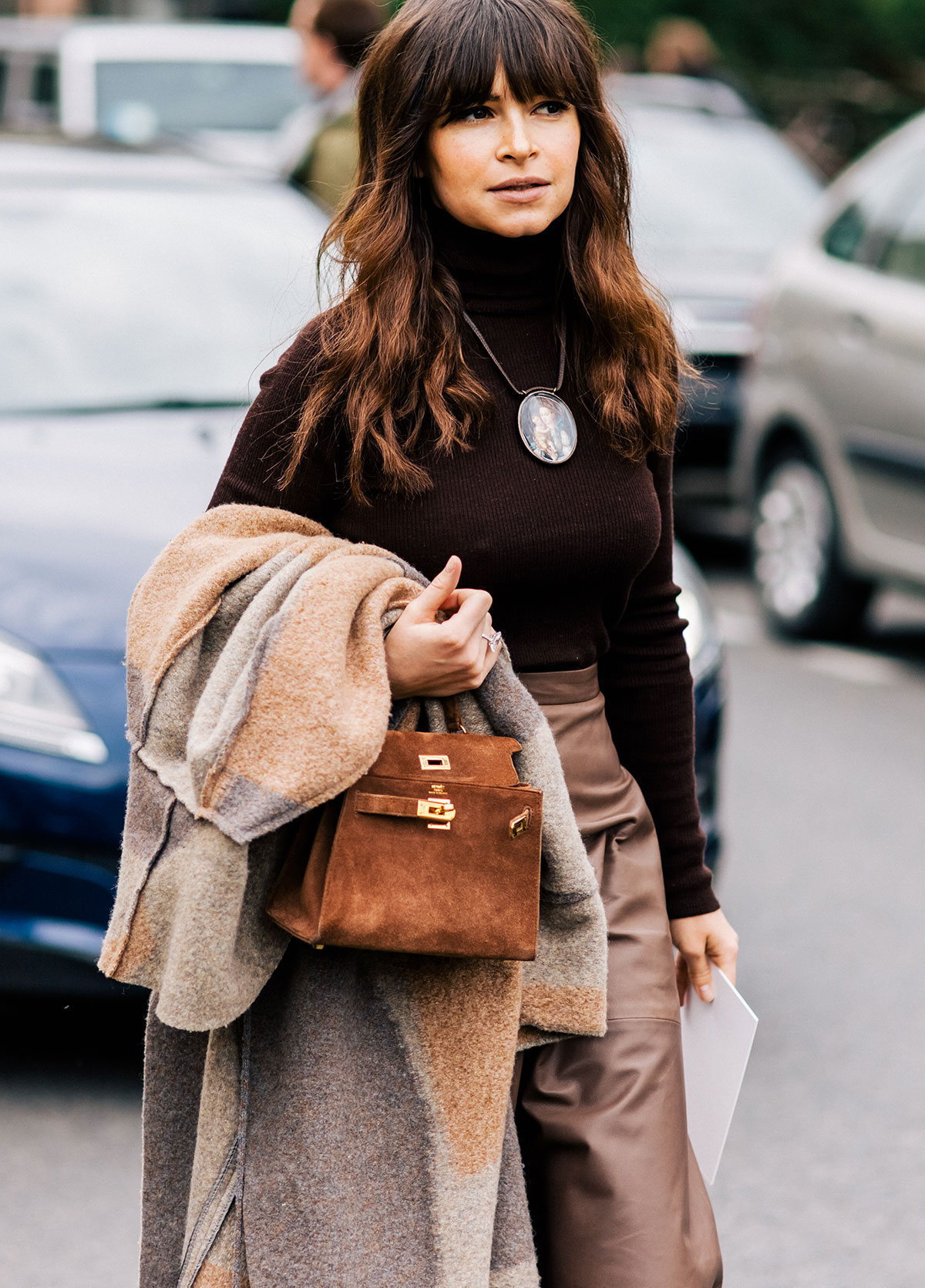 Miroslava Duma wearing a Hermes bag before the Giambattista Valli Fall/Winter 2015-2016 fashion show in Paris, France
