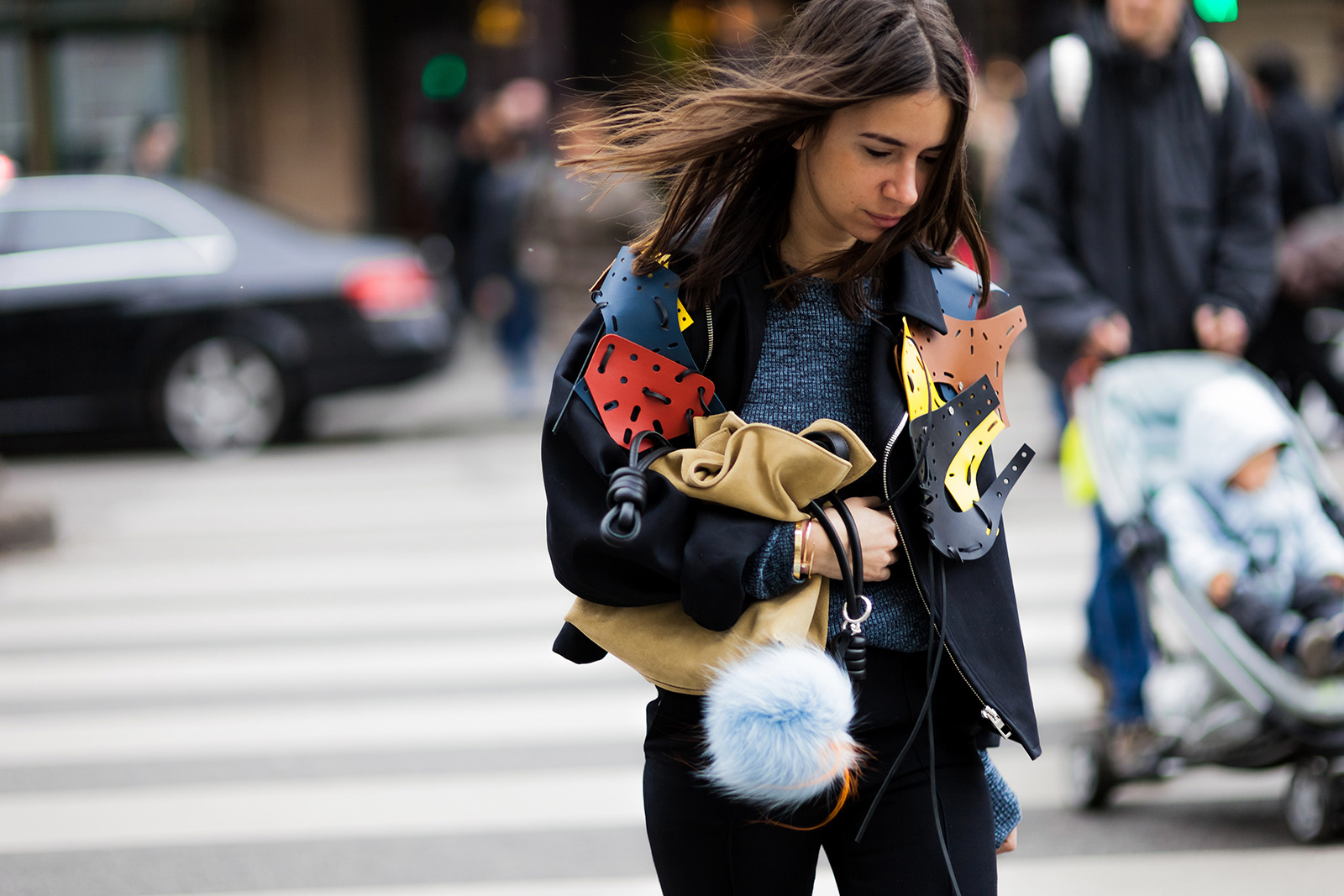 Natasha Goldenberg wearing a Loewe jacket and bag after the Stella McCartney Fall 2015 fashion show in Paris, France