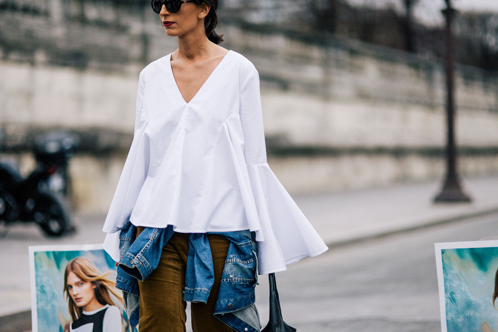 Natuka Karkashadze wearing a white Ellery top before the Valentino Fall 2015 fashion show at Tuileries in Paris, France
