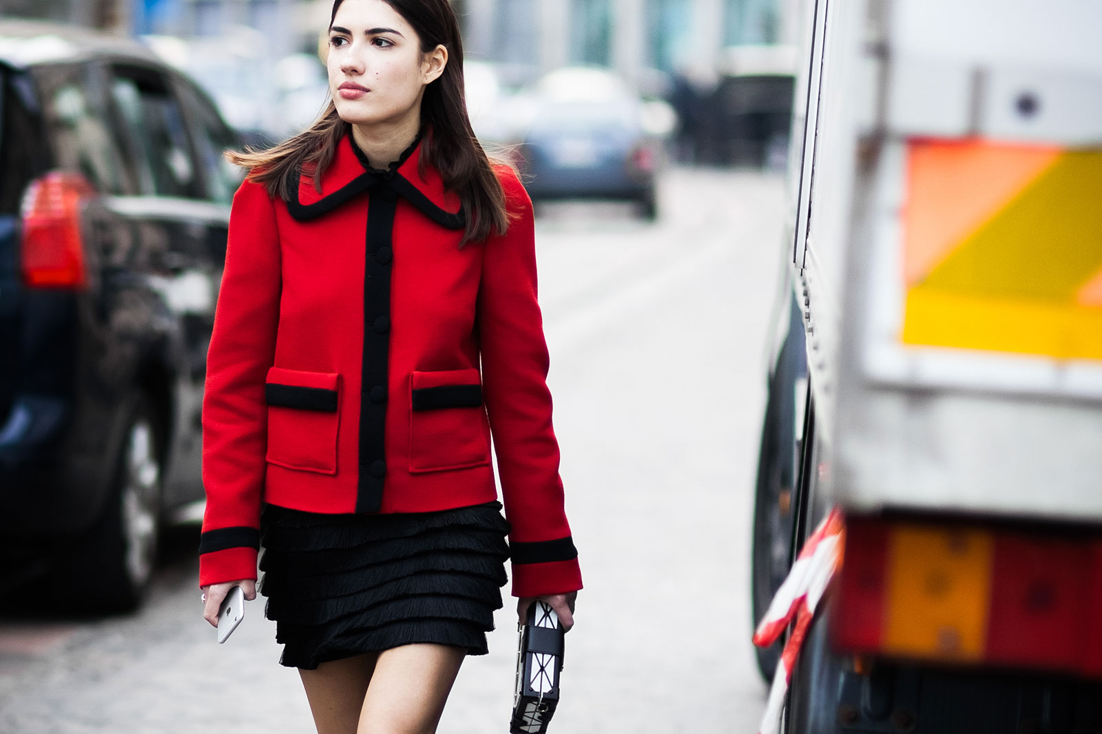Patricia Manfield wearing a Philosophy jacket, Pollini boots and Louis Vuitton clutch bag after the Philosophy Fall/Winter 2015-2016 fashion show in Milan, Italy