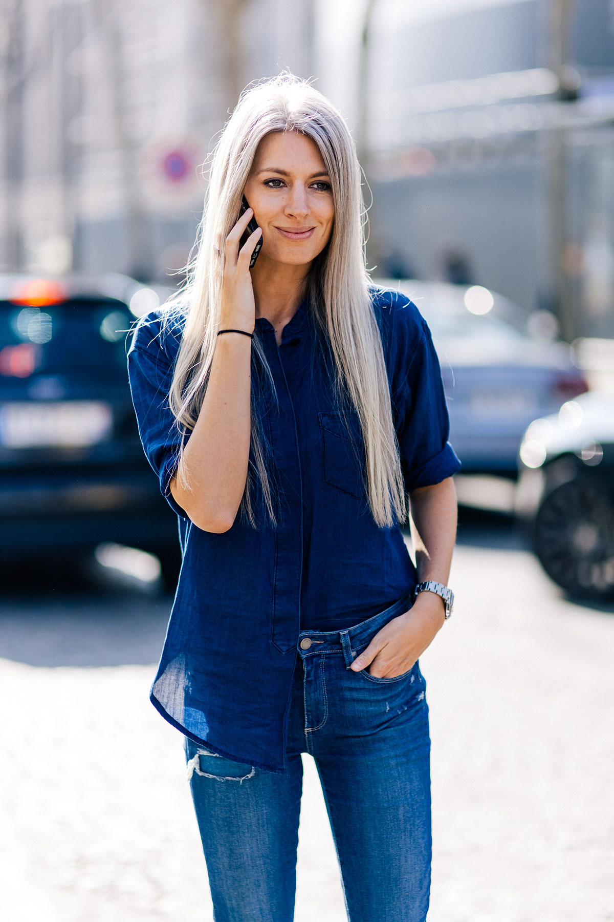 Sarah Harris wearing a Lilly e Violetta fur coat and Paige jeans before the Louis Vuitton Fall/Winter 2015-2016 fashion show in Paris, France