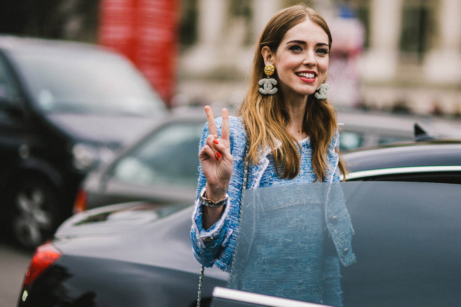 Chiara Ferragni wearing a total Chanel outfit after the Chanel Fall/Winter 2015-2016 fashion show in Paris, France