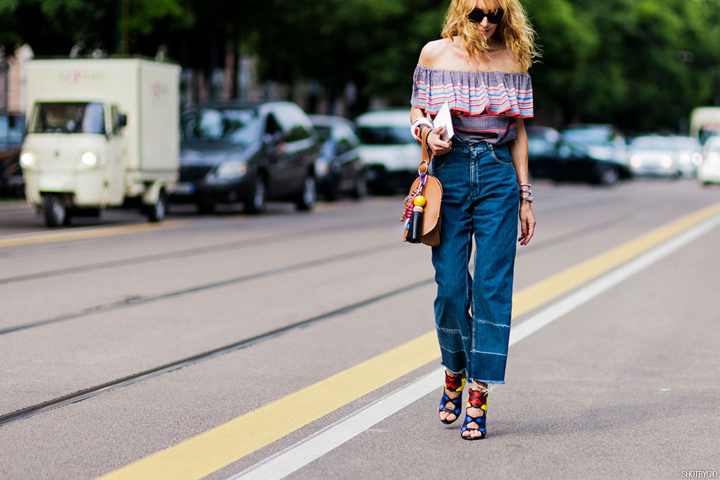 Elina Halimi wearing Rachel Comey jeans and Celine bag after the Fendi Men's Spring-Summer 2016 fashion show in Milan, Italy