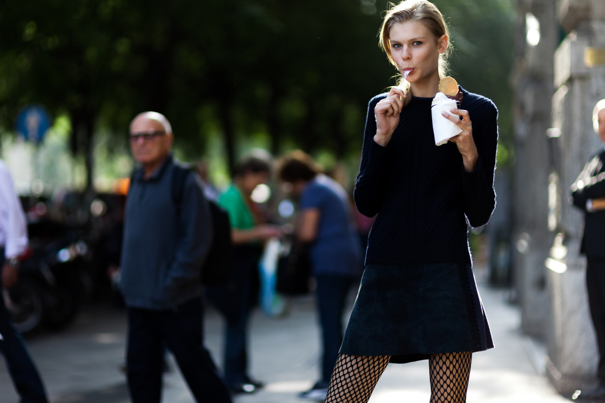 Model Alexandra Elizabeth Ljadov eating ice-cream after a fashion show in Milan, Italy