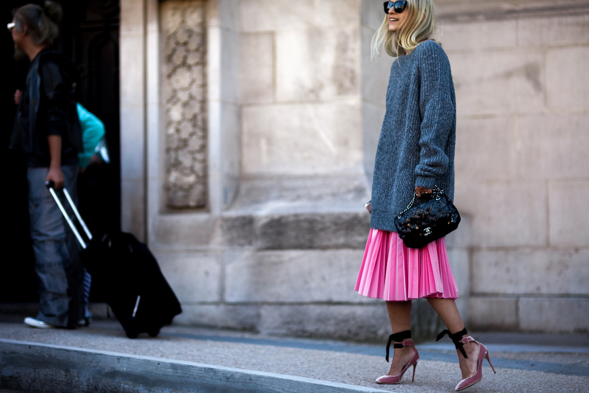 Charlotte Groeneveld wearing Tome skirt, Jimmy Choo shoes and Chanel bag after a show at Paris Fashion Week