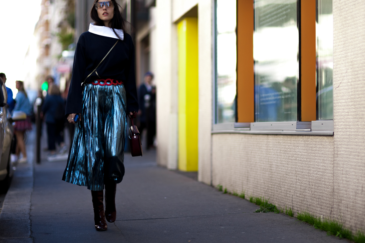 Gilda Ambrosio wearing a Loewe outfit after a show at Paris Fashion Week