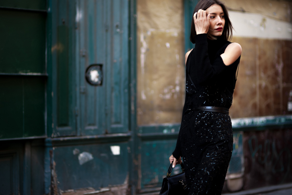Julie Pelipas wearing a black jumpsuit by Stella McCartney at Paris Fashion Week