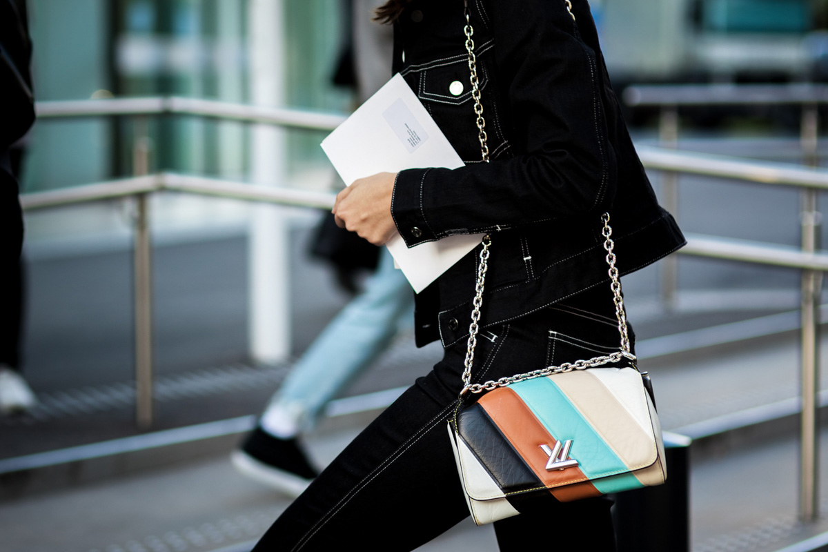 Julia Gall wearing double denim and Louis Vuitton bag at Paris Fashion Week
