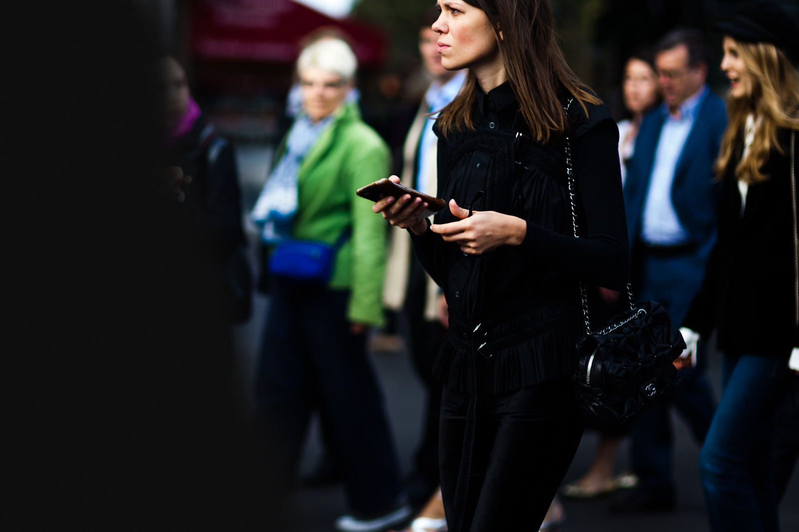 Julia Gall wearing a total black outfit after the Stella McCartney show in Paris, France