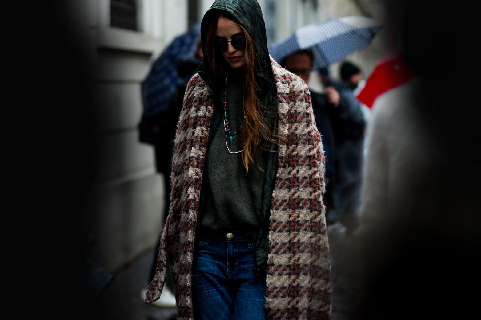Carlotta Oddi wearing a long coat after the Marni Fall 2016 fashion show in Milan, Italy