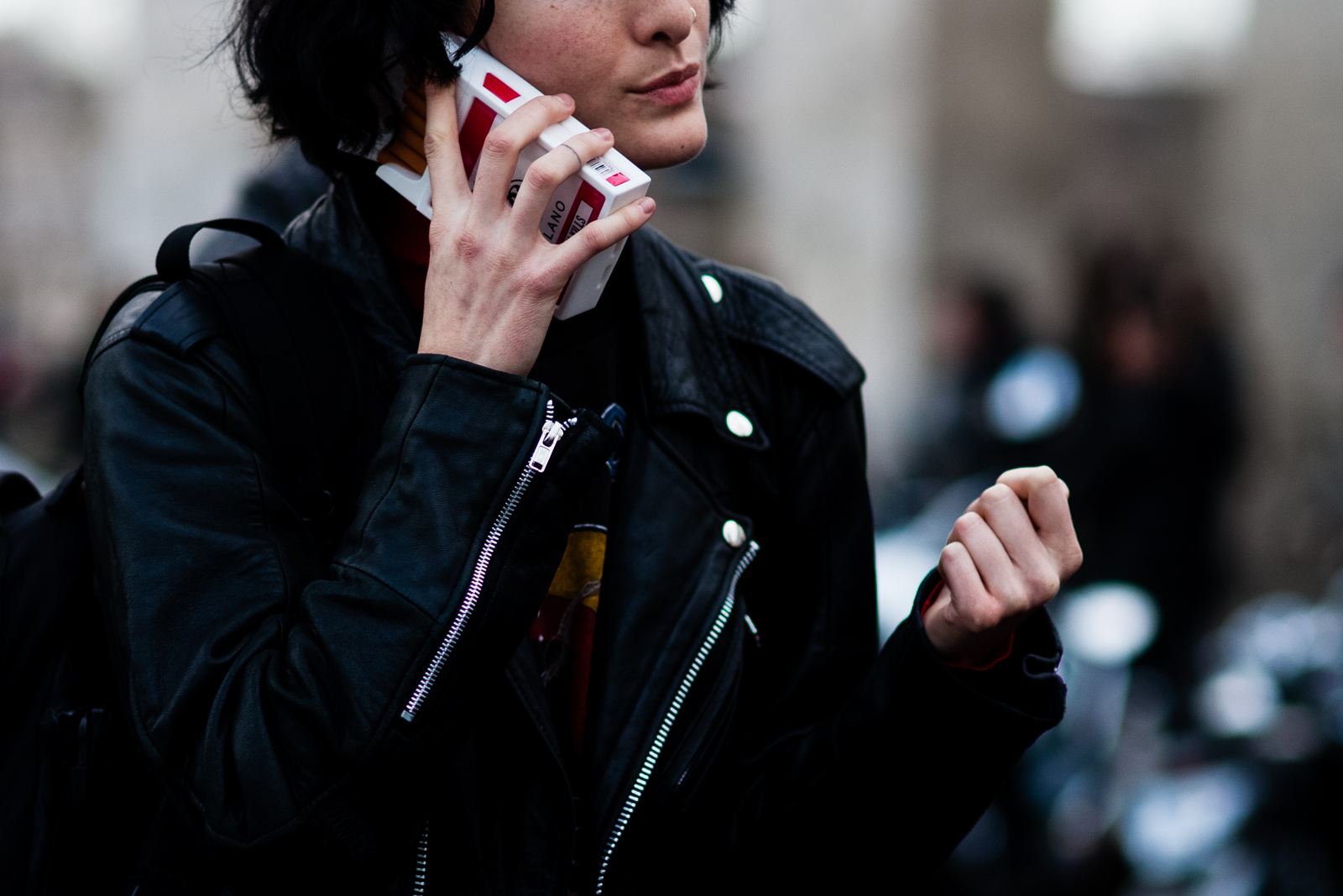 Model off duty Heather Kemesky talking on the phone after a fashion show in Paris, France