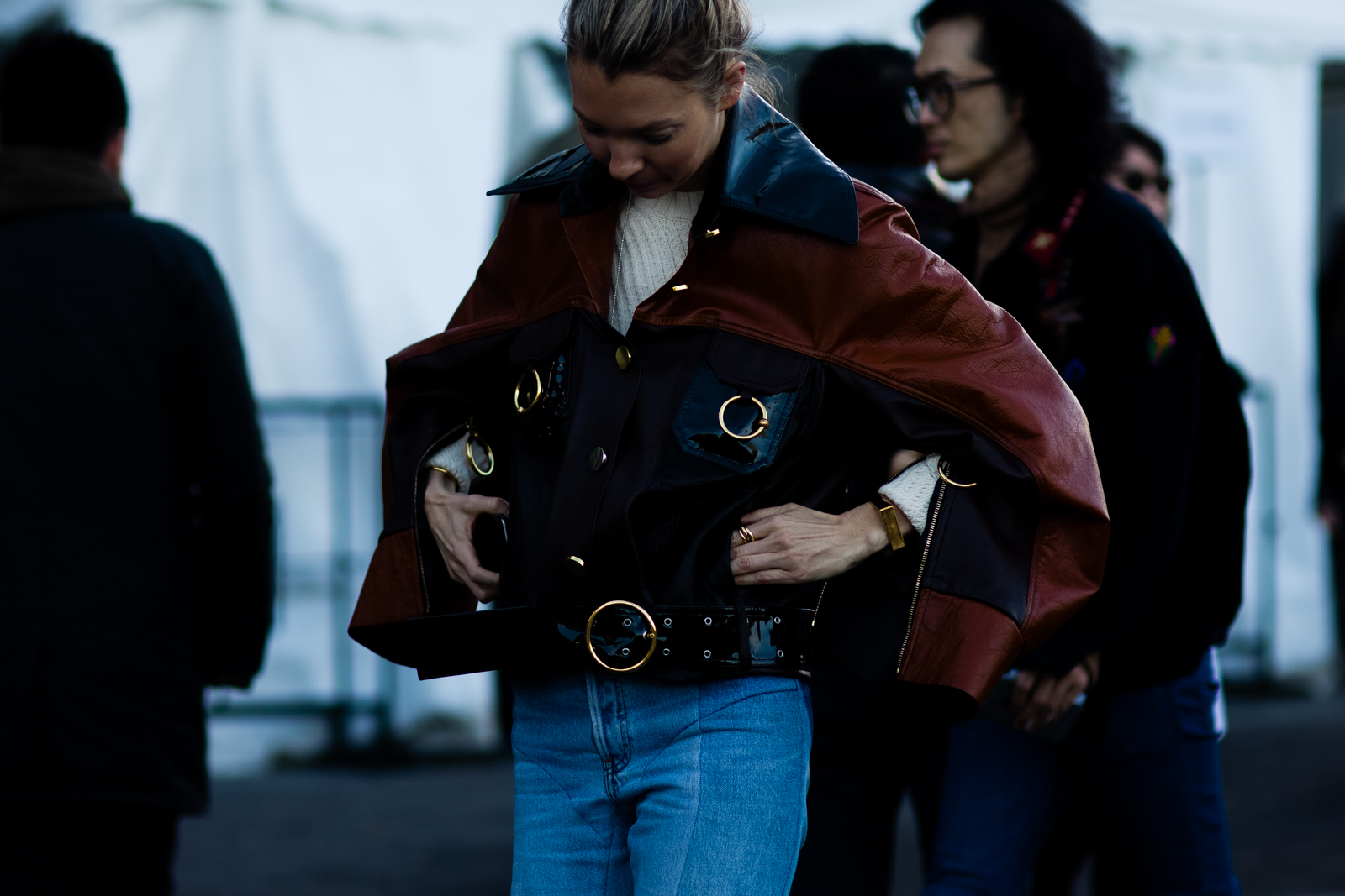 Roberta Benteler wearing a Thomas Tait leather jacket and Vetements jeans before the Courreges Fall 2016 fashion show in Paris, France