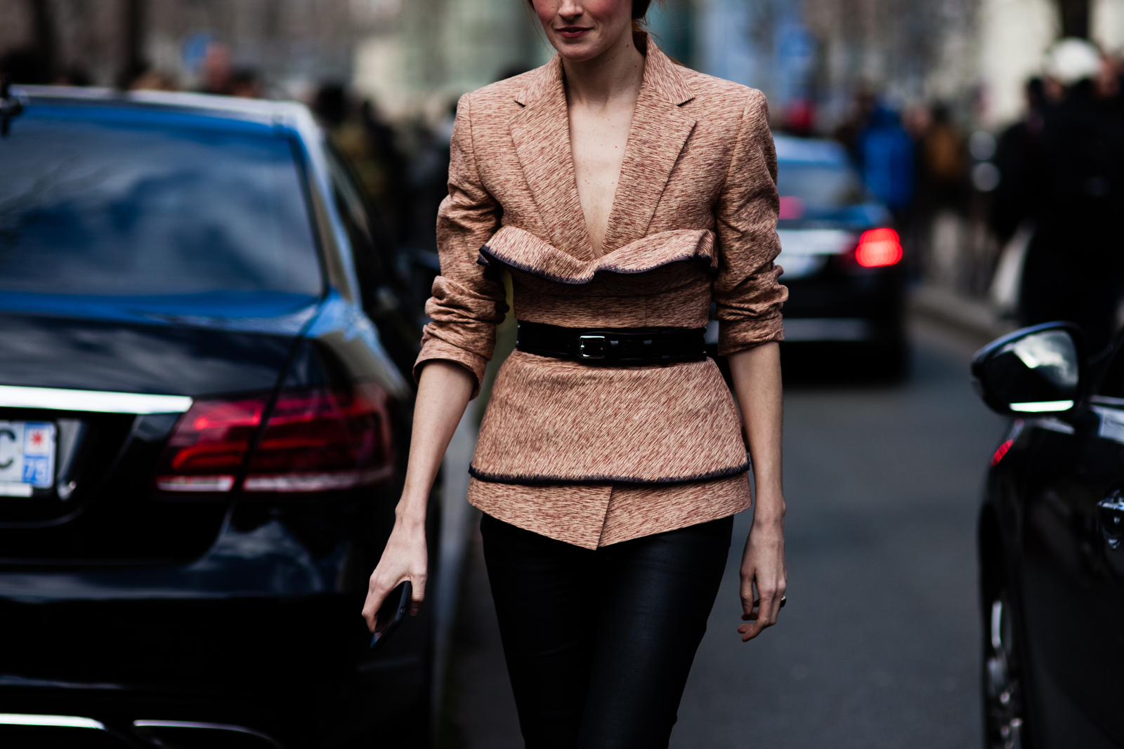 Taylor Tomasi Hill wearing a belted blazer before the Balenciaga Fall/Winter 2016-2017 fashion show in Paris, France