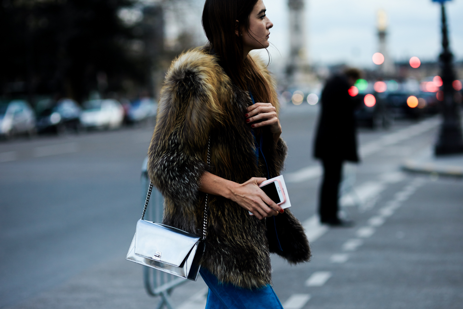PFW Street Style: Italian fashion editor Natalia Bonifacci wear a fur coat and Akris bag before the Akris Fall 2016 fashion show in Paris, France