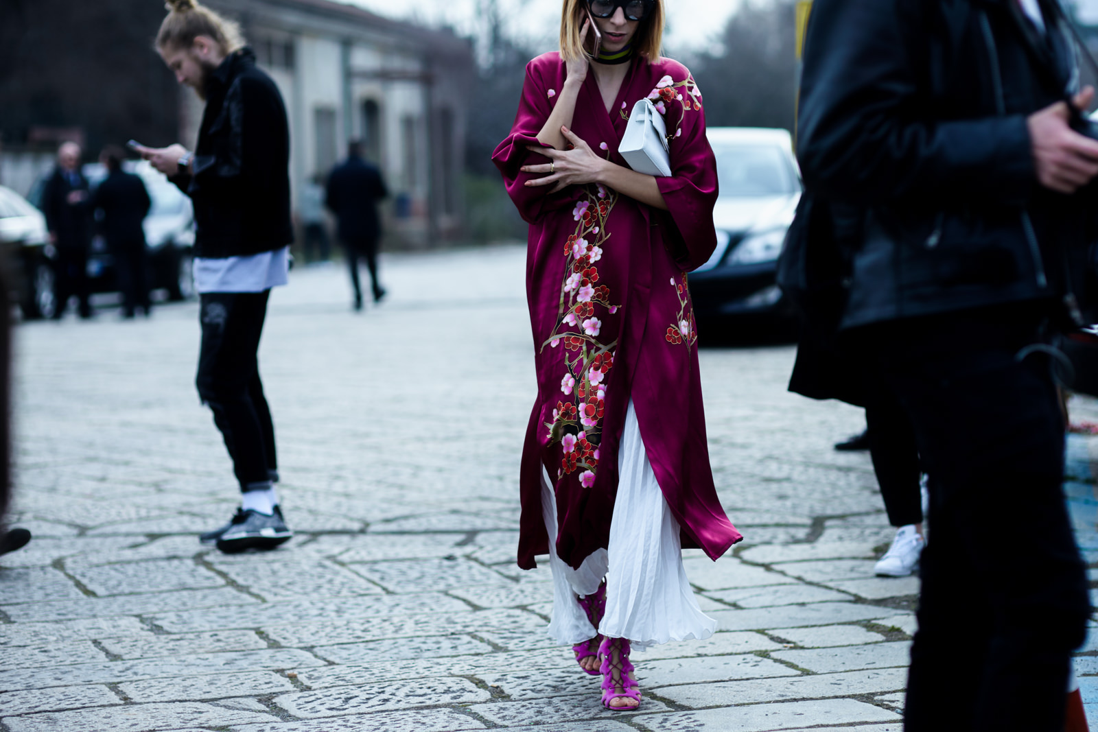 MFW Street Style: Fashion Blogger Veronica Giomini wearing a kimono and a white long skirt before the Gucci Fall 2016 fashion show in Milan