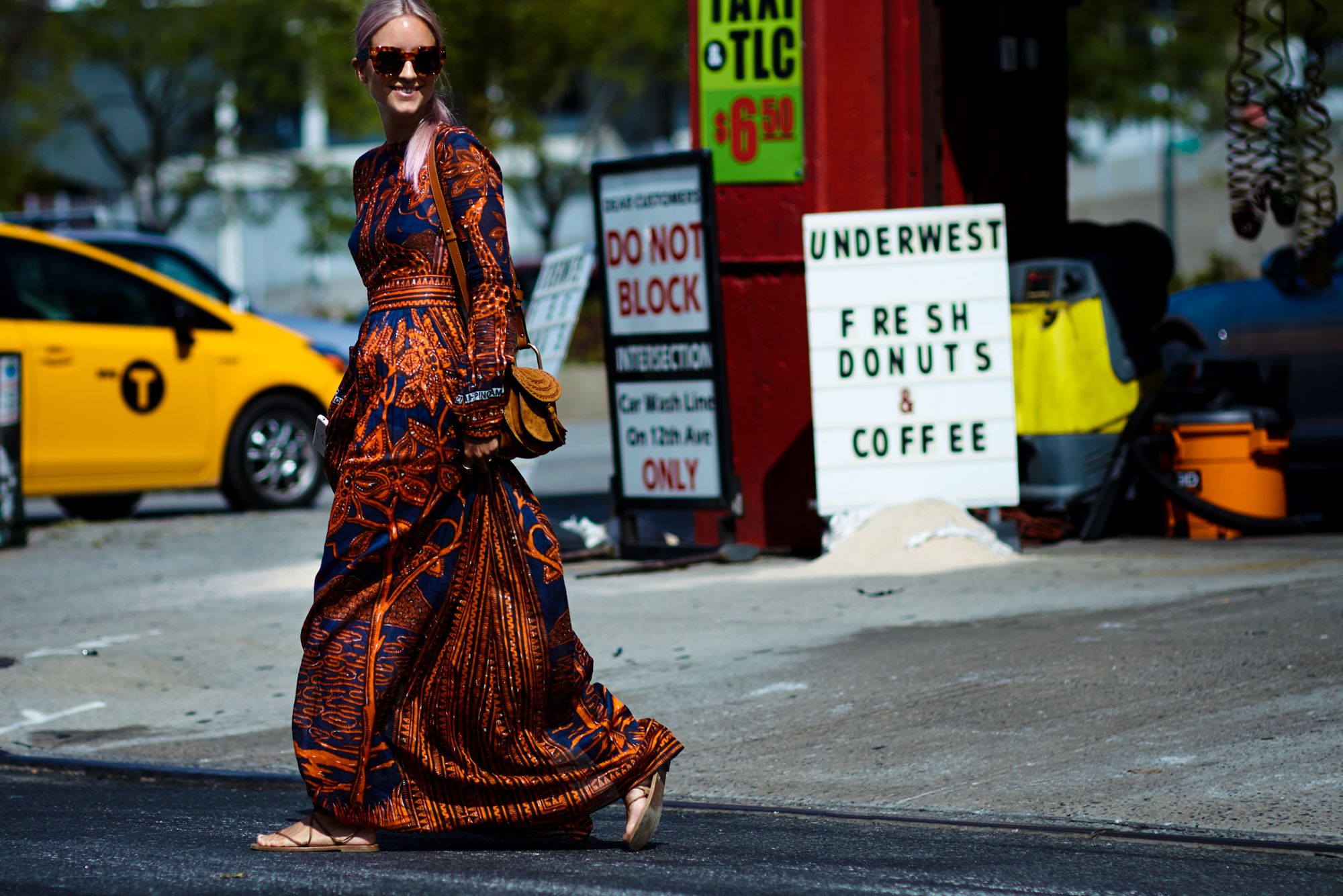 NYFW Spring-Summer 2017 Streetstyle: Blogger Charlotte Groeneveld wearing a long Valentino dress, Chloe Bag and flat sandals after a show in New York City