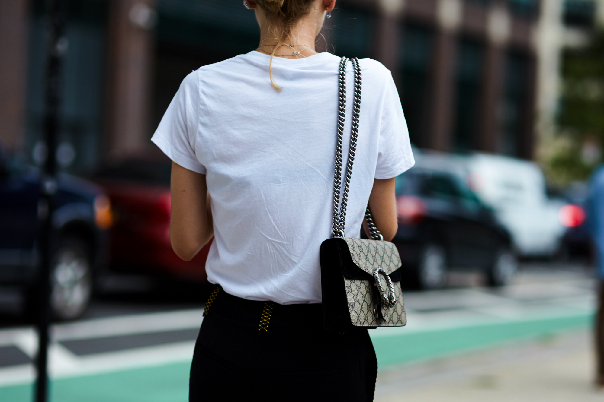 NYFW Spring-Summer 2017 Streetstyle: Jessica Minkoff wearing white t-shirt and a Gucci bag after a show in New York, September 2016