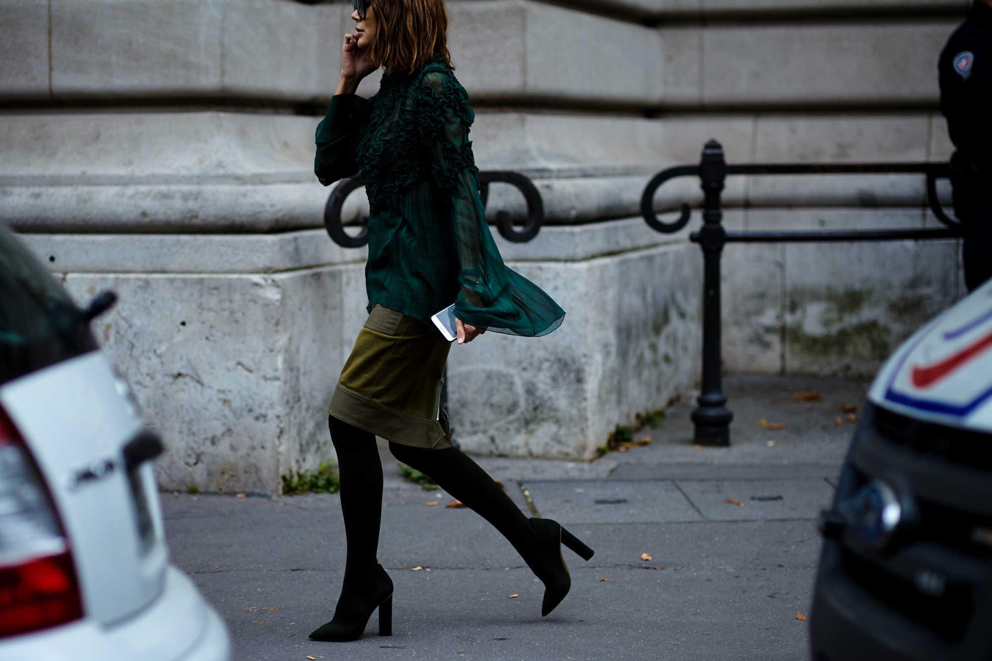 PFW Spring-Summer 2017 Street Style: Christine Centenera wearing a green outfit and over the knee boots before the Chloe fashion show in Paris, France