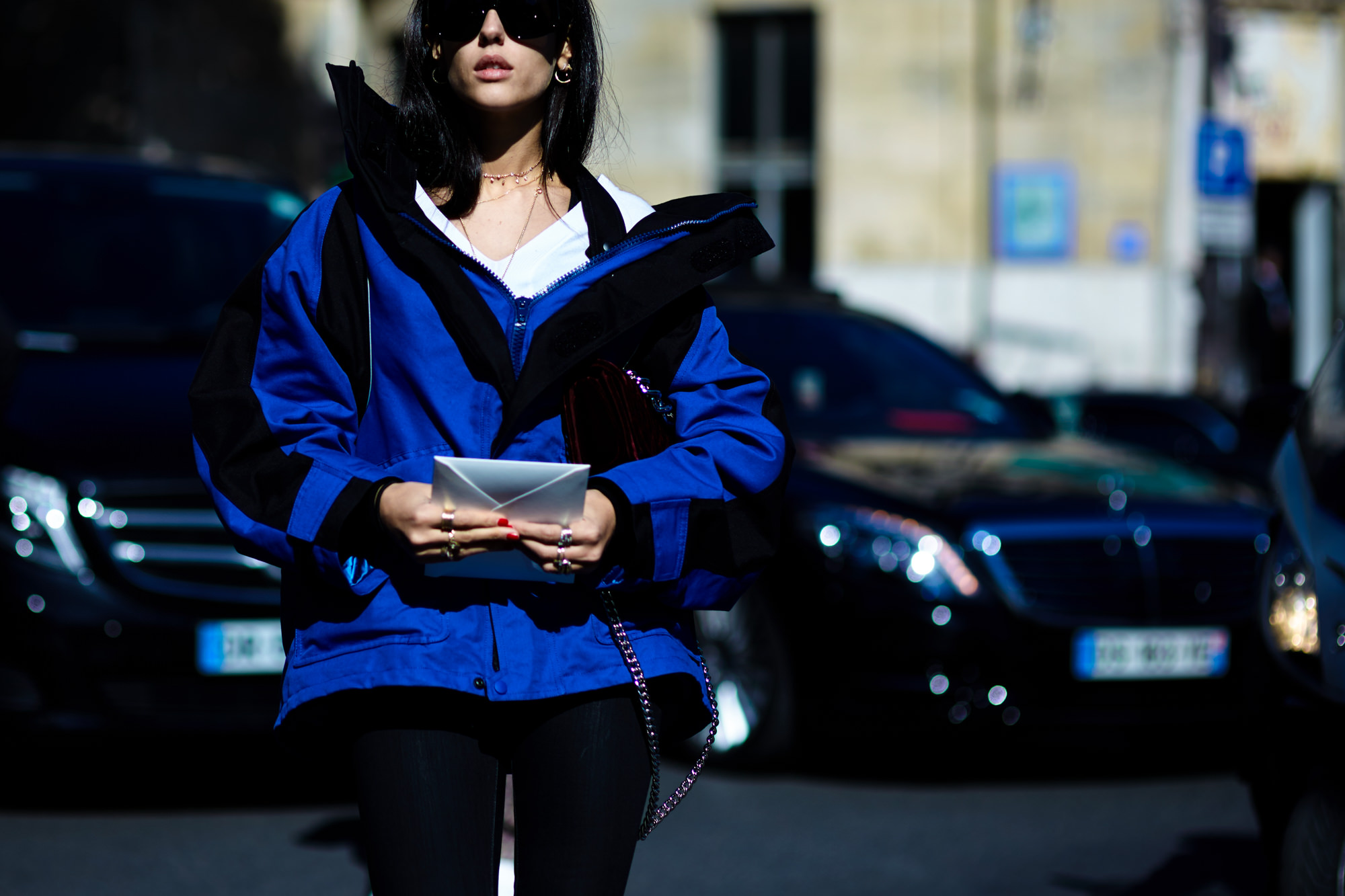 PFW Spring-Summer 2017 Street Style:Gilda Ambrosio wearing a blue oversized Balenciaga jacket and black jeans before the Miu Miu SS17 fashion show in Paris