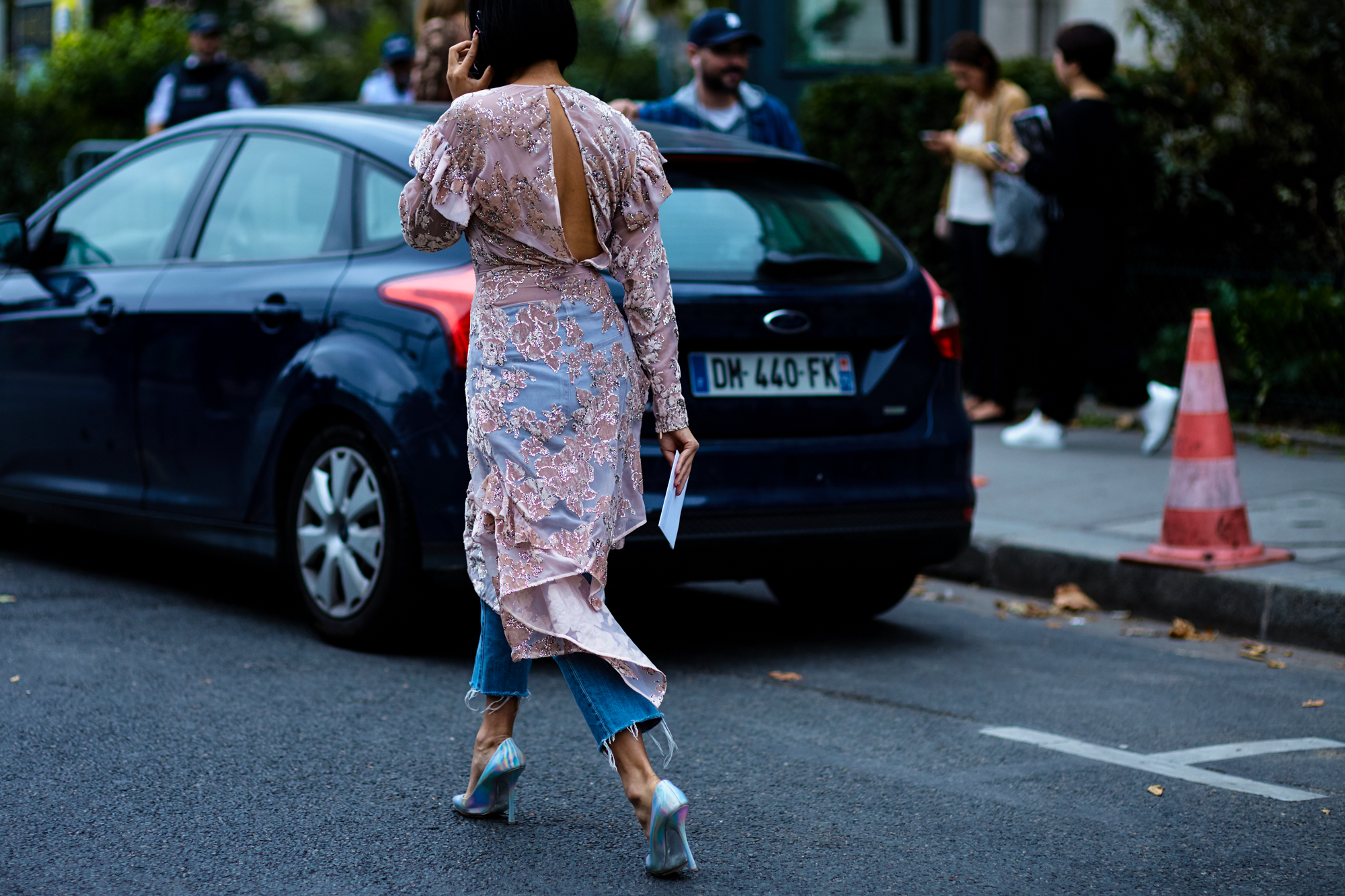 PFW Spring-Summer 2017 Street Style: Tiffany Hsu wearing a pink Preen By Thornton Bregazzi dress, AG jeans and Stella McCartney pumps after a show in Paris 
