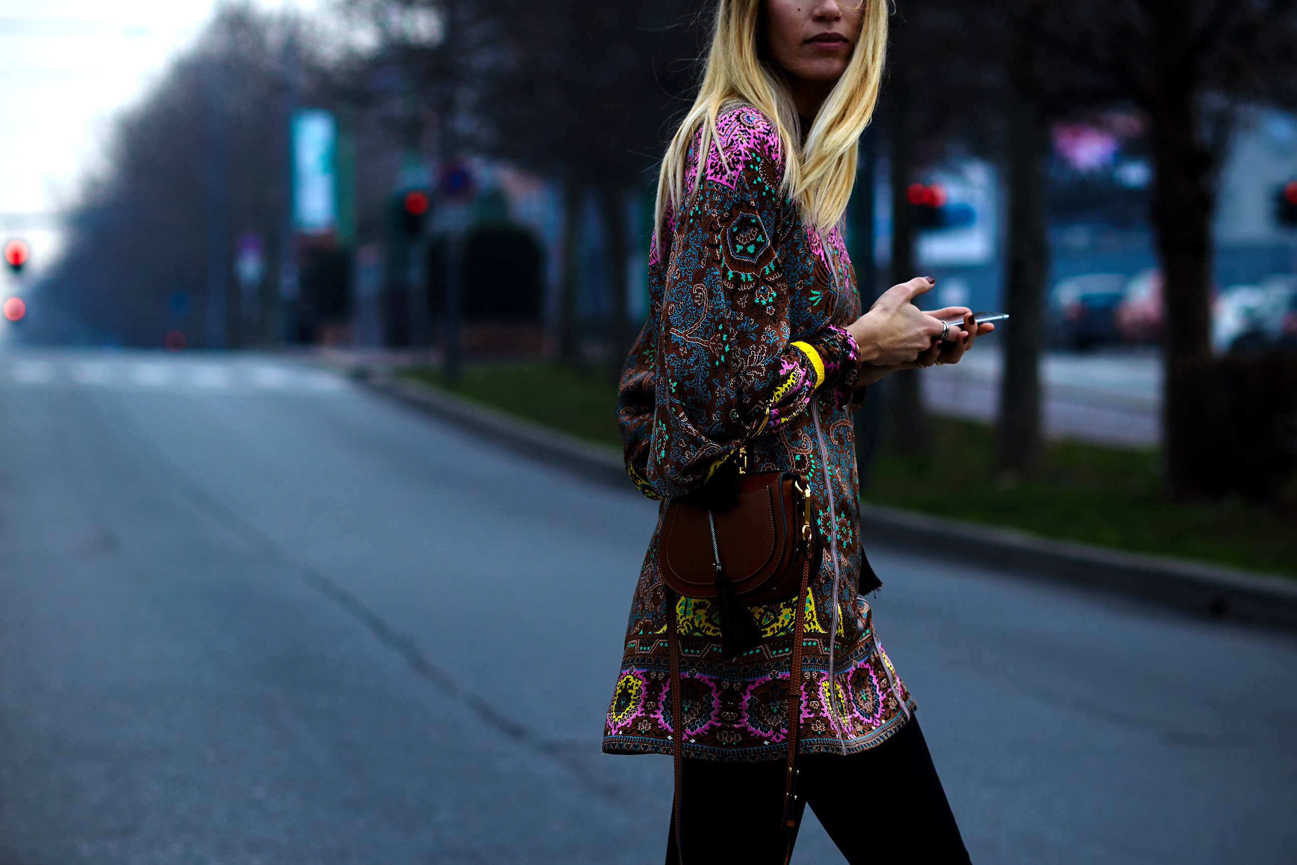 Veronika Heilbrunner wearing a printed dress and Chloe bag after the Etro FW 17-18 fashion show in Milan, Italy