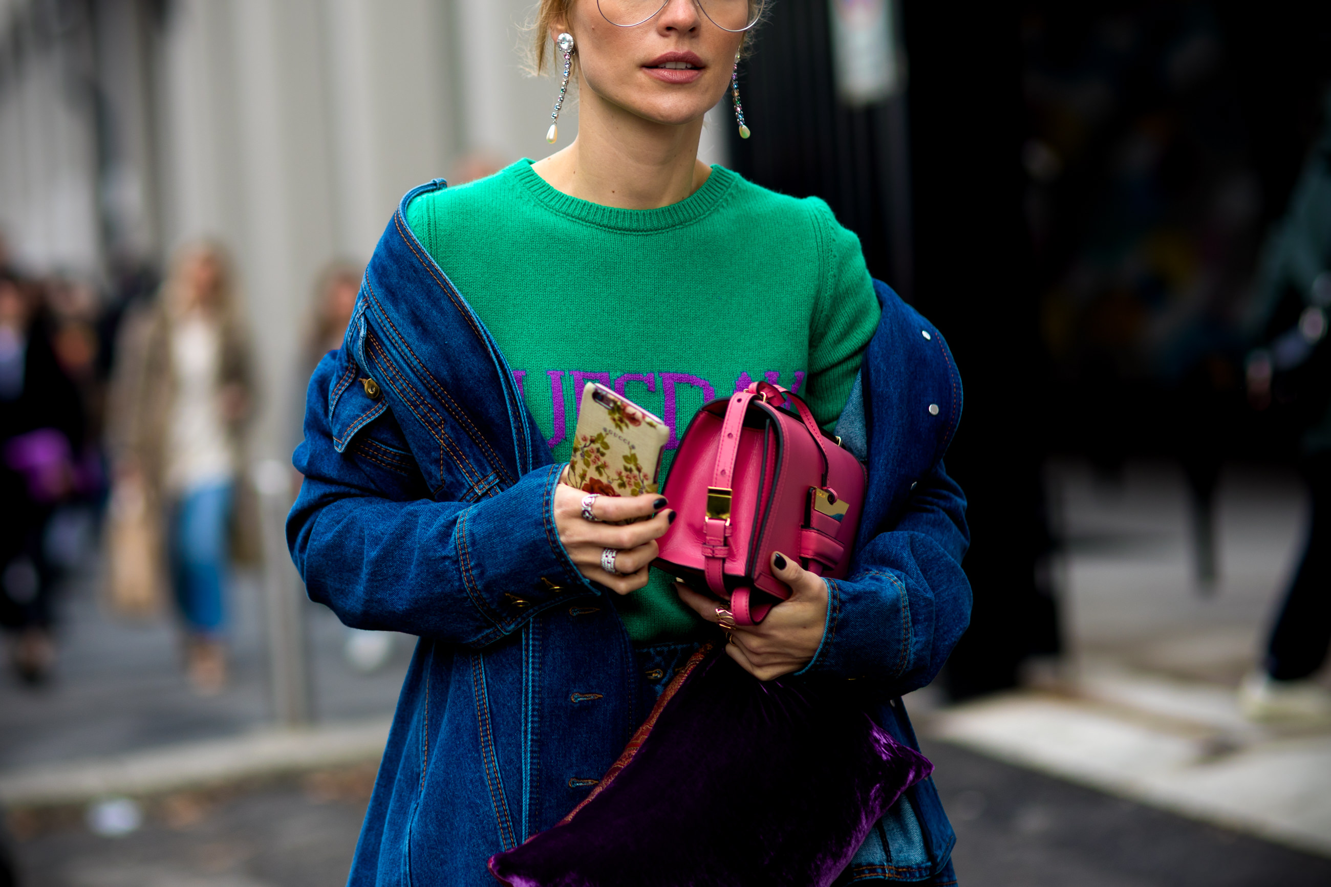 MFW FW17 Street Style: Viktoria Rader wearing a denin jacket by Ellery, Alberta Ferretti sweater and Loewe bag after a fashion show in Milan, Italy