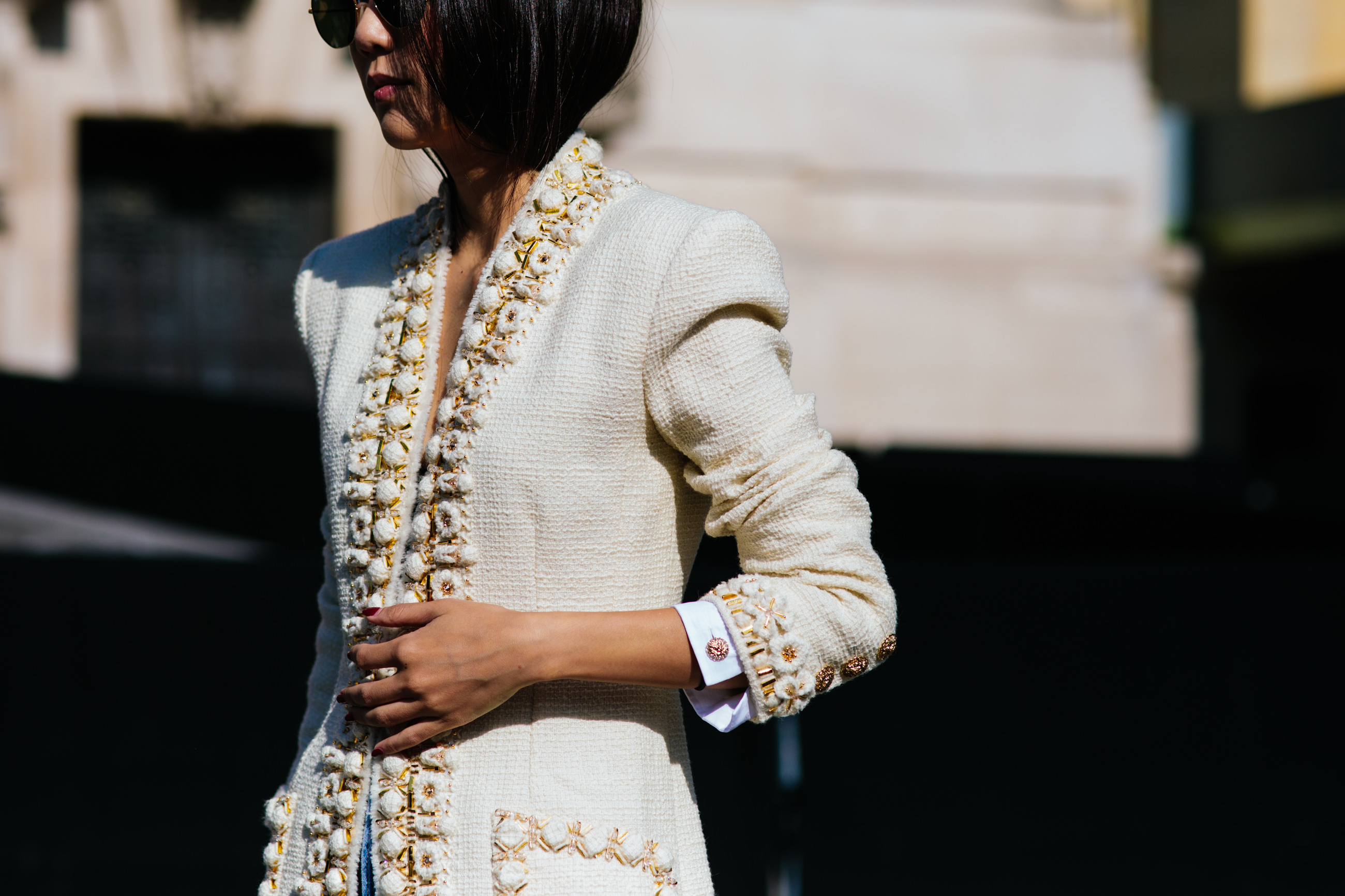 Designer Yoyo Cao wearing a Chanel jacket before the Chanel Couture FW 17-18 Fashion Show in Paris, France