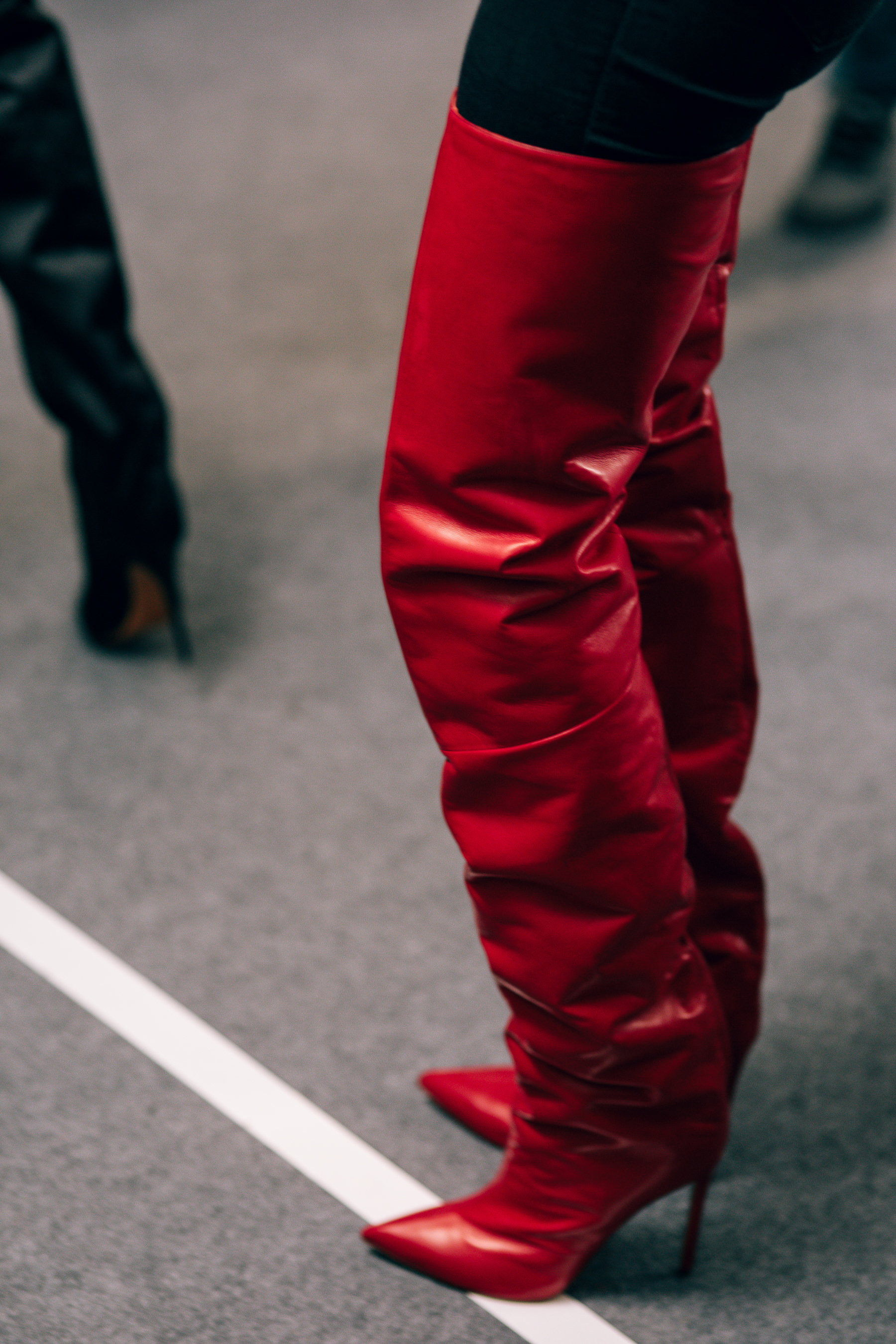 thigh high red boots Backstage at Alexandre Vauthier Spring/Summer 2018 Haute Couture